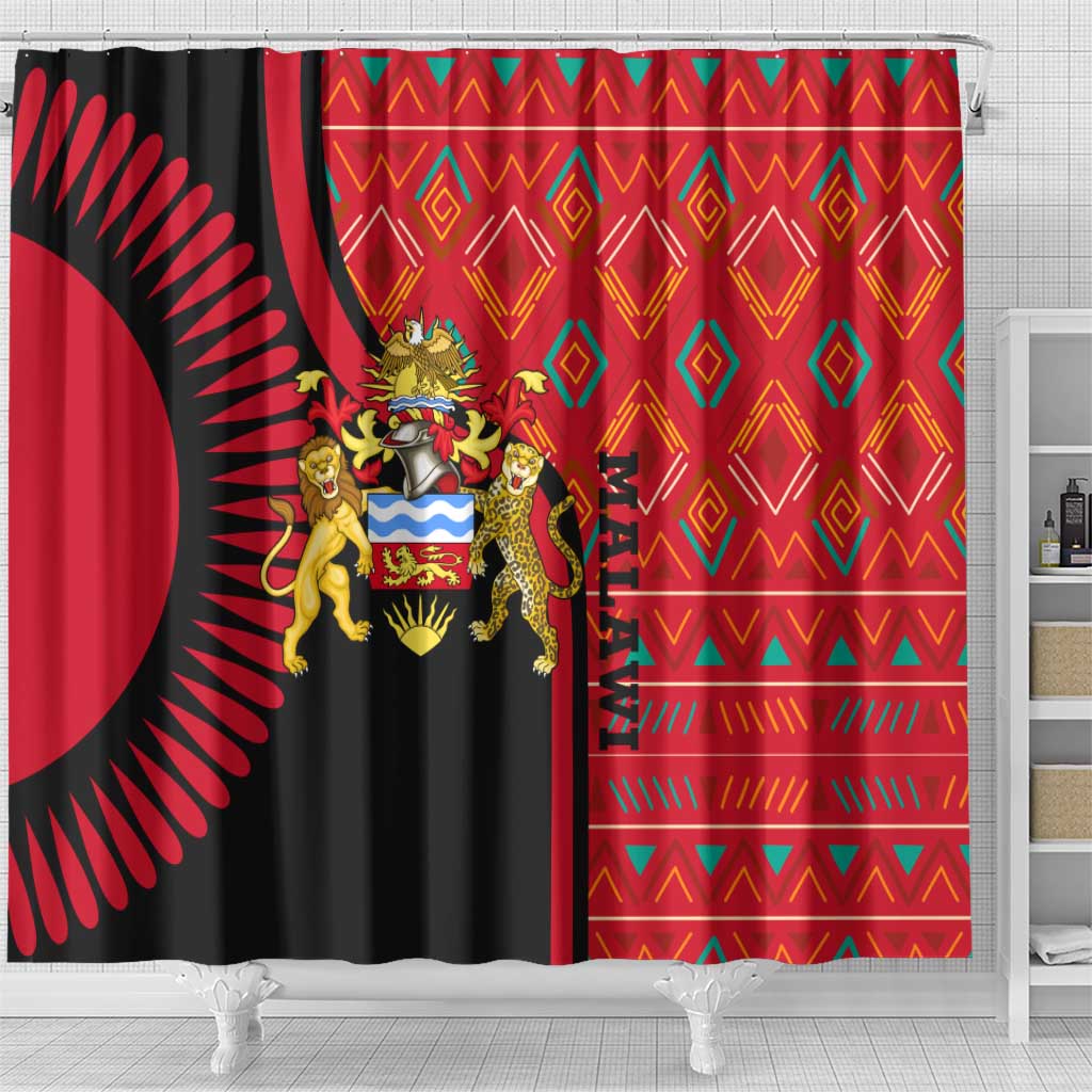 Malawi Patterns African Shower Curtain Blended with Flag Colors and National Emblem