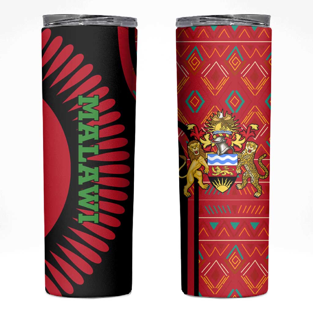 Malawi Patterns African Skinny Tumbler Blended with Flag Colors and National Emblem