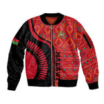 Malawi Patterns African Sleeve Zip Bomber Jacket Blended with Flag Colors and National Emblem
