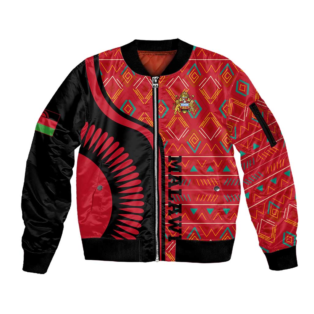 Malawi Patterns African Sleeve Zip Bomber Jacket Blended with Flag Colors and National Emblem