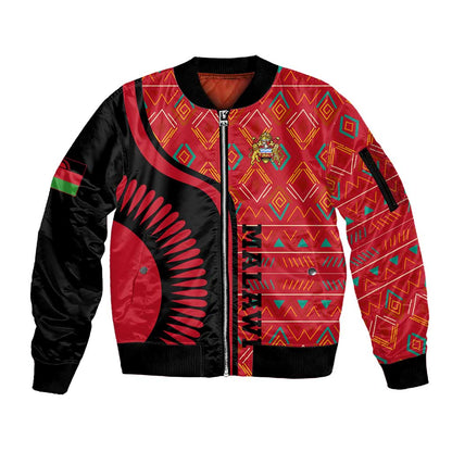 Malawi Patterns African Sleeve Zip Bomber Jacket Blended with Flag Colors and National Emblem