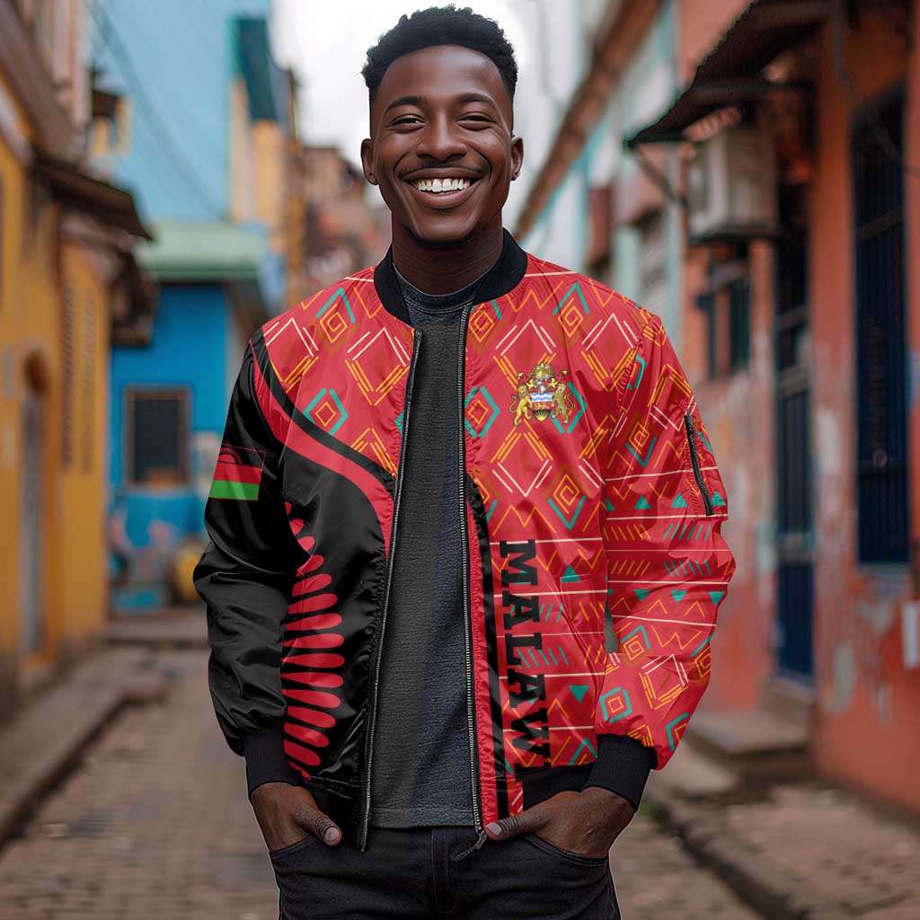 Malawi Patterns African Sleeve Zip Bomber Jacket Blended with Flag Colors and National Emblem