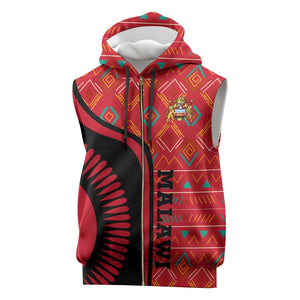 Malawi Patterns African Sleeveless Zip Hoodie Blended with Flag Colors and National Emblem - African Pride