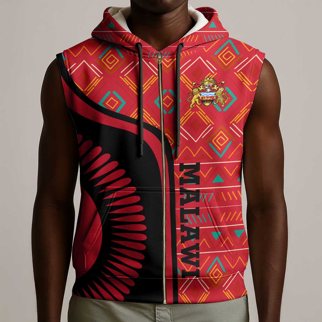 Malawi Patterns African Sleeveless Zip Hoodie Blended with Flag Colors and National Emblem - African Pride