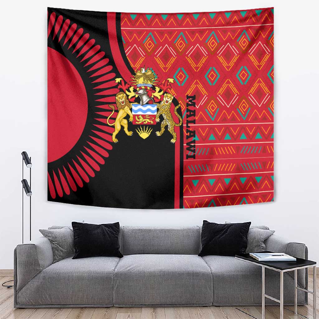 Malawi Patterns African Tapestry Blended with Flag Colors and National Emblem