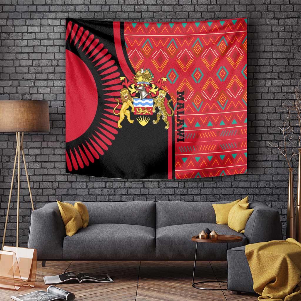 Malawi Patterns African Tapestry Blended with Flag Colors and National Emblem