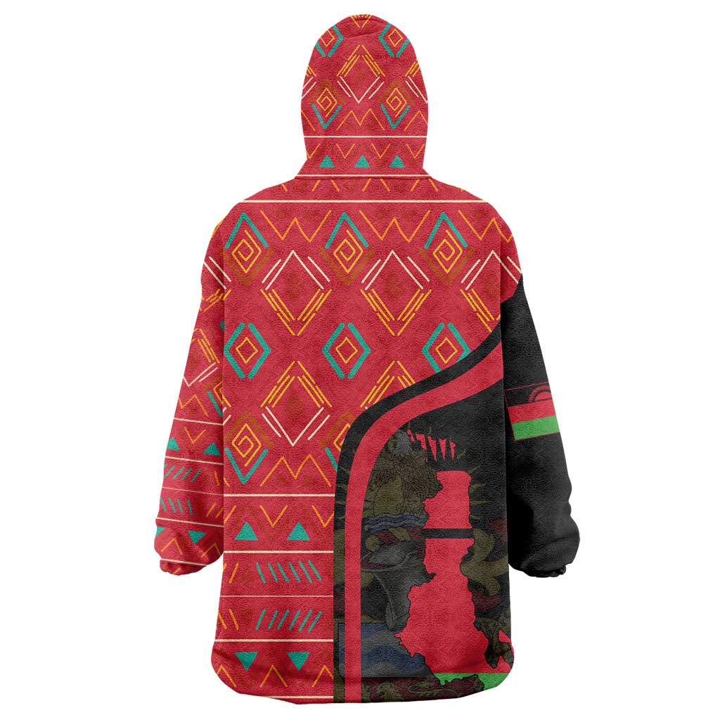 Malawi Patterns African Wearable Blanket Hoodie Blended with Flag Colors and National Emblem