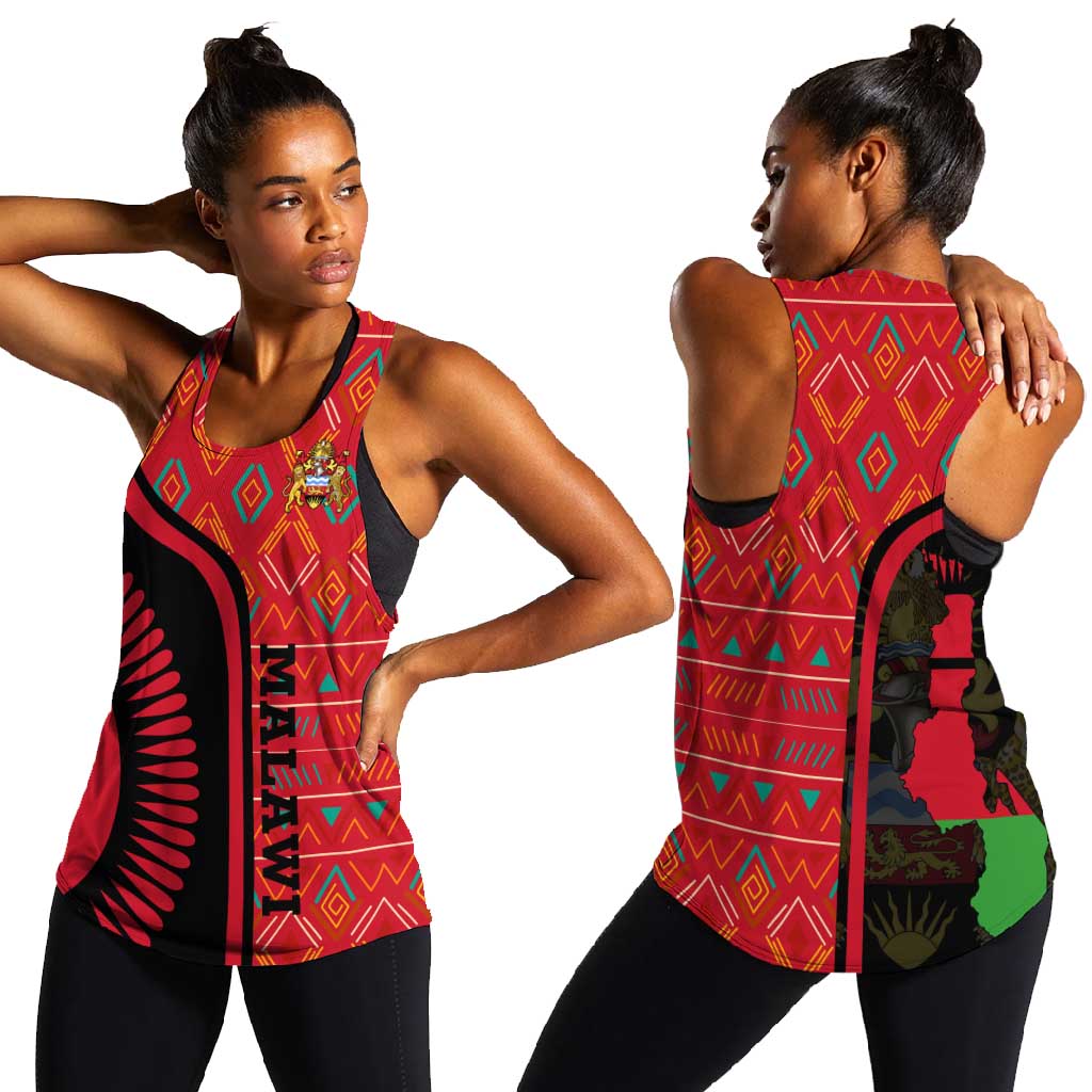 Malawi Patterns African Women Racerback Tank Blended with Flag Colors and National Emblem