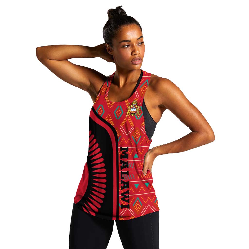 Malawi Patterns African Women Racerback Tank Blended with Flag Colors and National Emblem