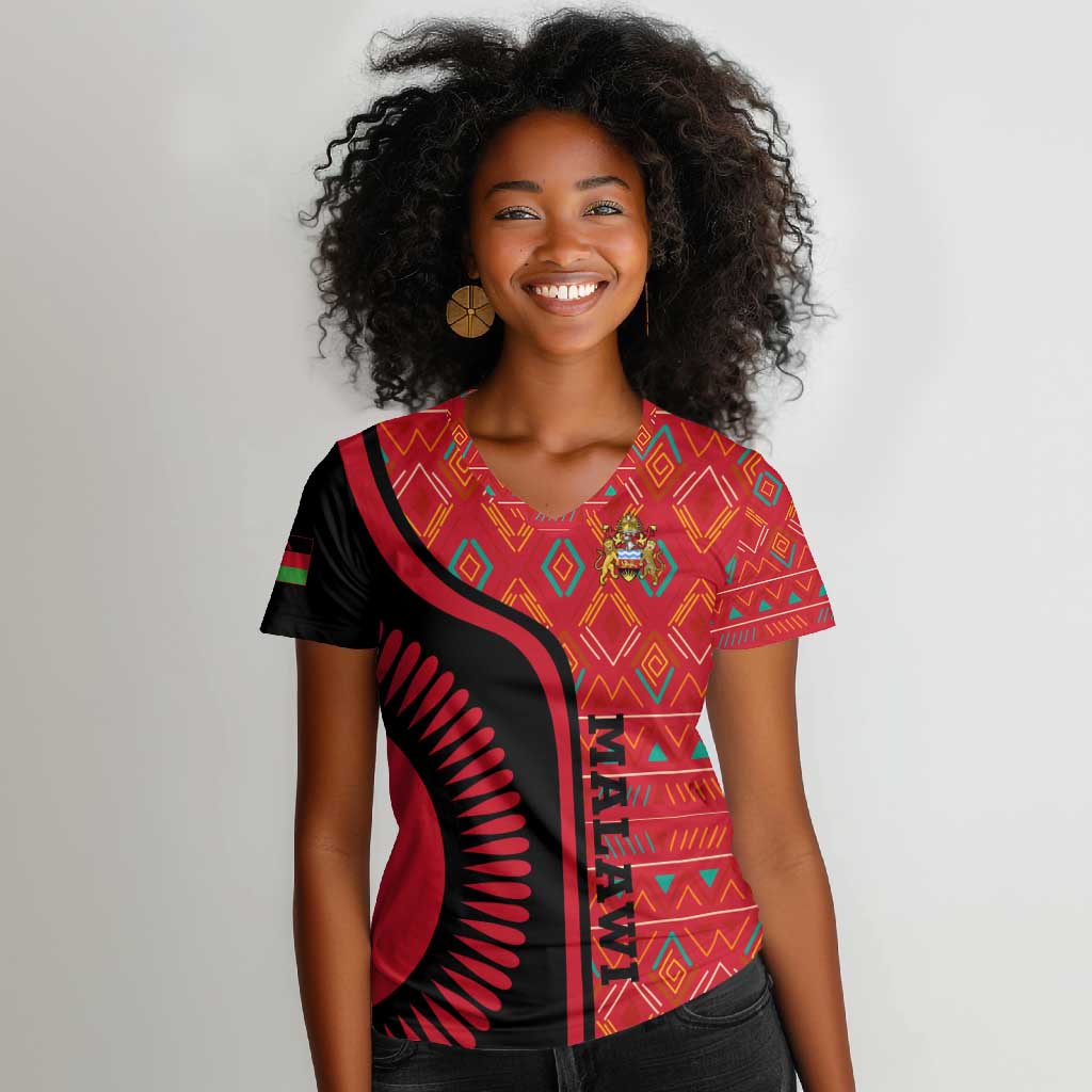 Malawi Patterns African Women V-Neck T-Shirt Blended with Flag Colors and National Emblem
