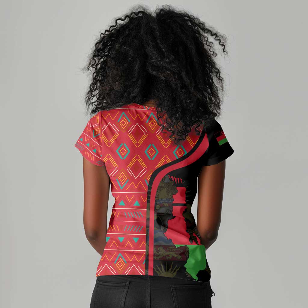 Malawi Patterns African Women V-Neck T-Shirt Blended with Flag Colors and National Emblem