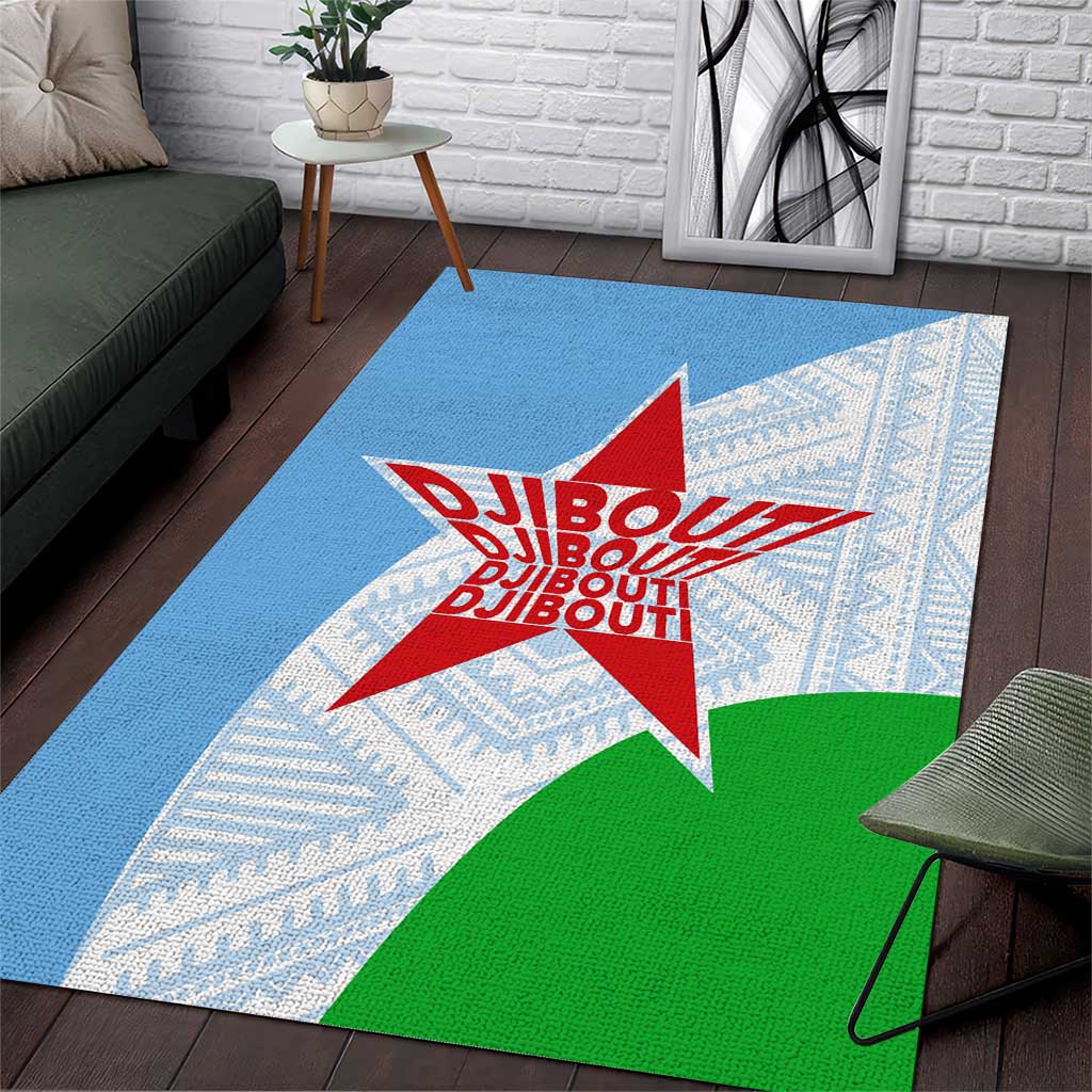 Djibouti Area Rug Flag Tribal Motifs and Red Star Symbol of Unity