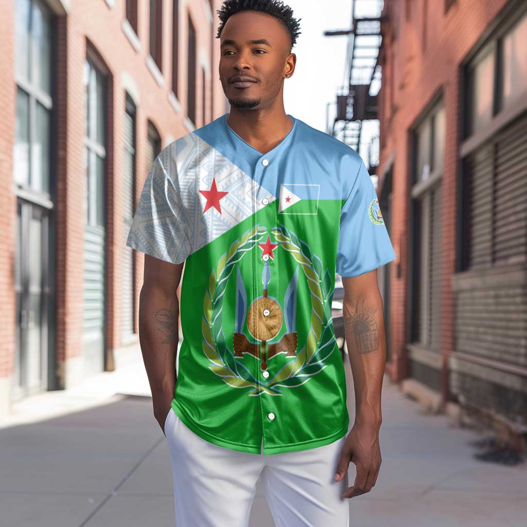 Djibouti Baseball Jersey Flag Tribal Motifs and Red Star Symbol of Unity