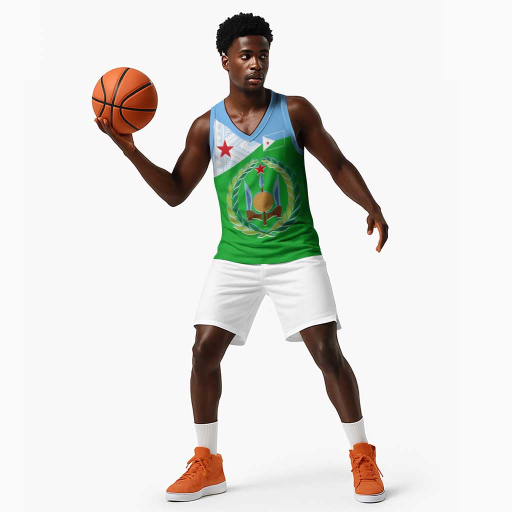 Djibouti Basketball Jersey Flag Tribal Motifs and Red Star Symbol of Unity - African Pride