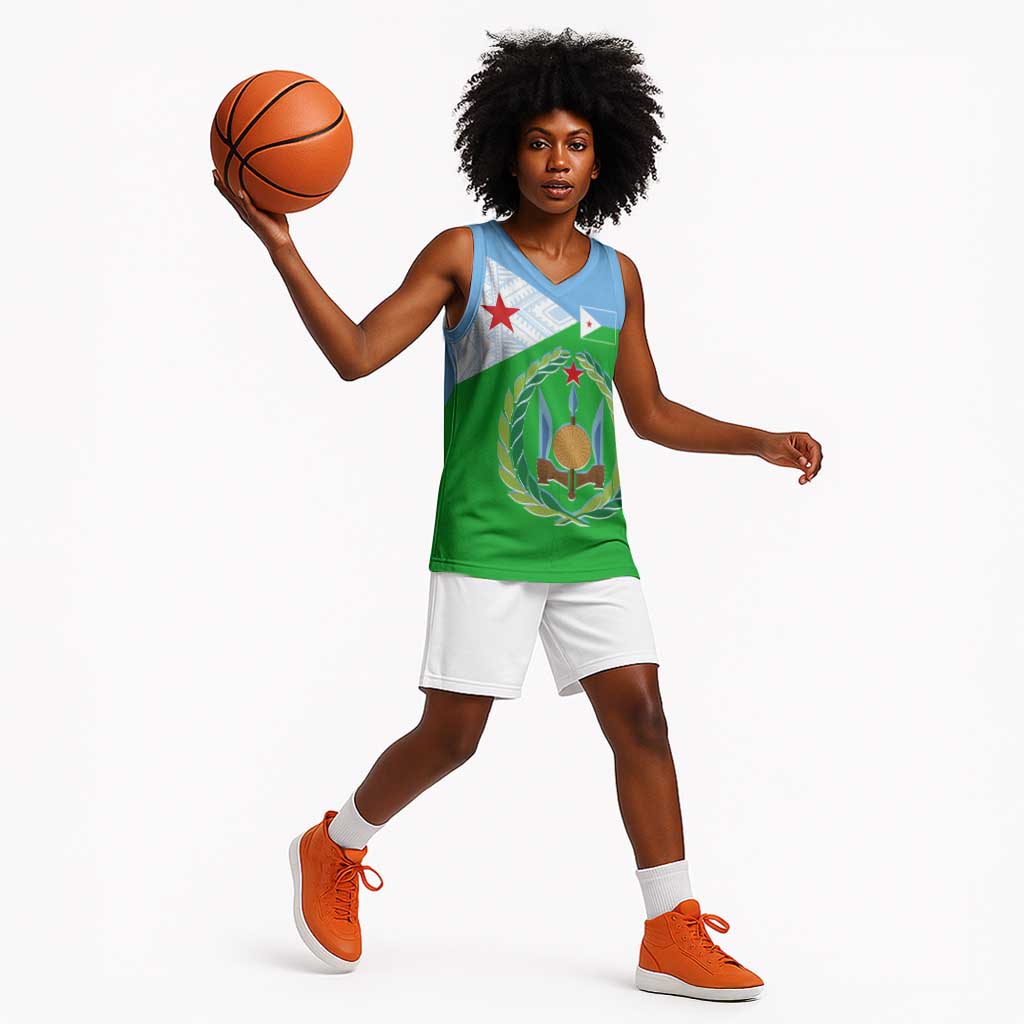 Djibouti Basketball Jersey Flag Tribal Motifs and Red Star Symbol of Unity - African Pride