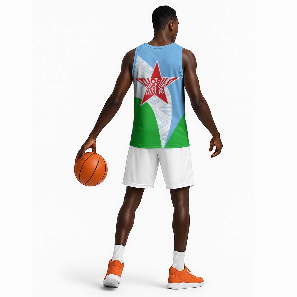 Djibouti Basketball Jersey Flag Tribal Motifs and Red Star Symbol of Unity - African Pride