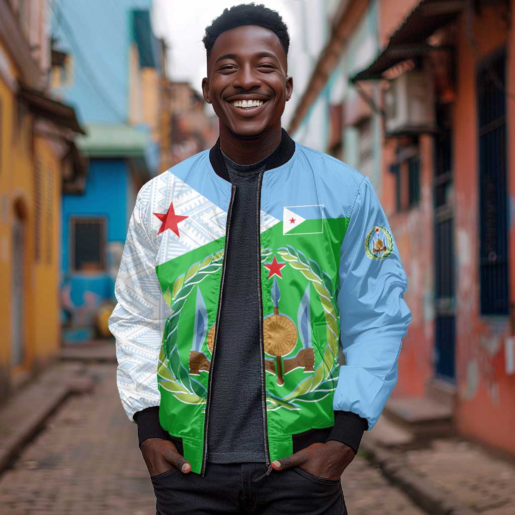 Djibouti Bomber Jacket Flag Tribal Motifs and Red Star Symbol of Unity