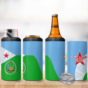 Djibouti 4 in 1 Can Cooler Tumbler Flag Tribal Motifs and Red Star Symbol of Unity