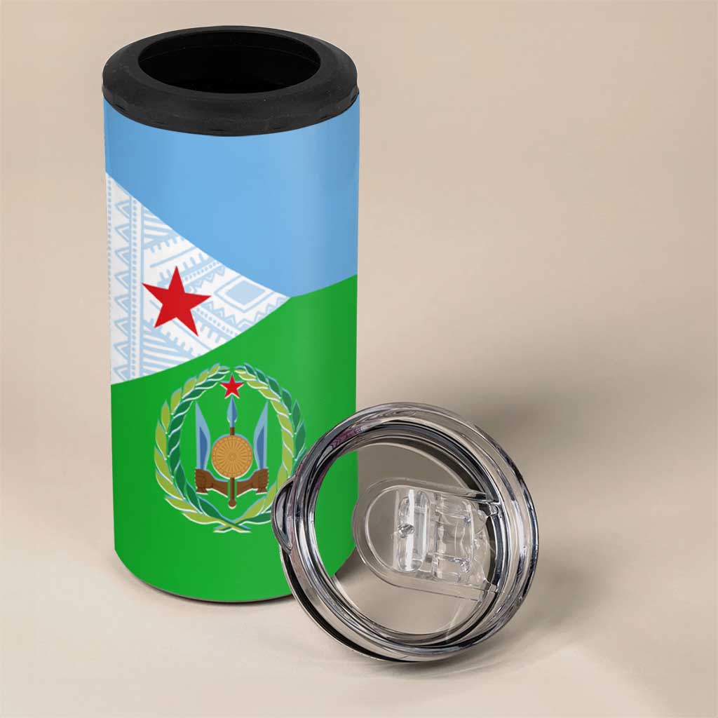 Djibouti 4 in 1 Can Cooler Tumbler Flag Tribal Motifs and Red Star Symbol of Unity