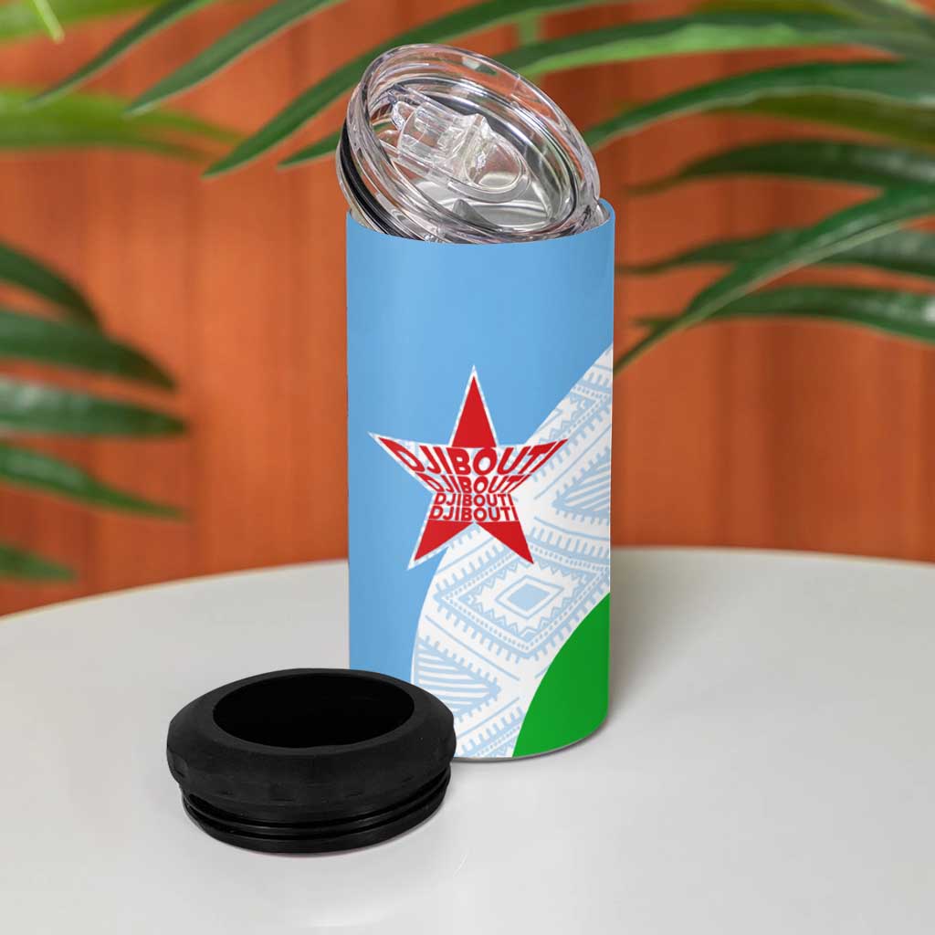Djibouti 4 in 1 Can Cooler Tumbler Flag Tribal Motifs and Red Star Symbol of Unity