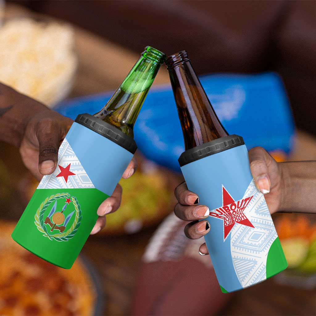 Djibouti 4 in 1 Can Cooler Tumbler Flag Tribal Motifs and Red Star Symbol of Unity