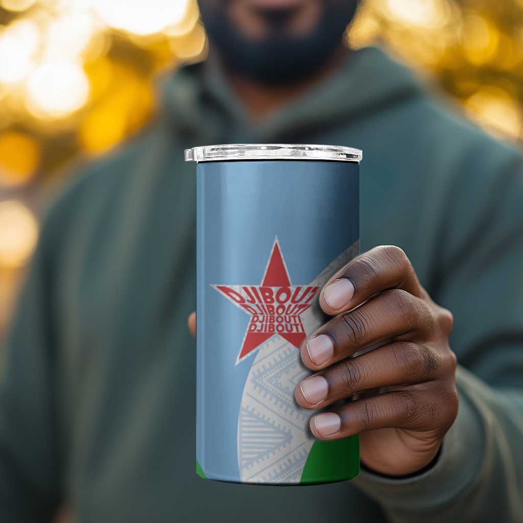 Djibouti 4 in 1 Can Cooler Tumbler Flag Tribal Motifs and Red Star Symbol of Unity