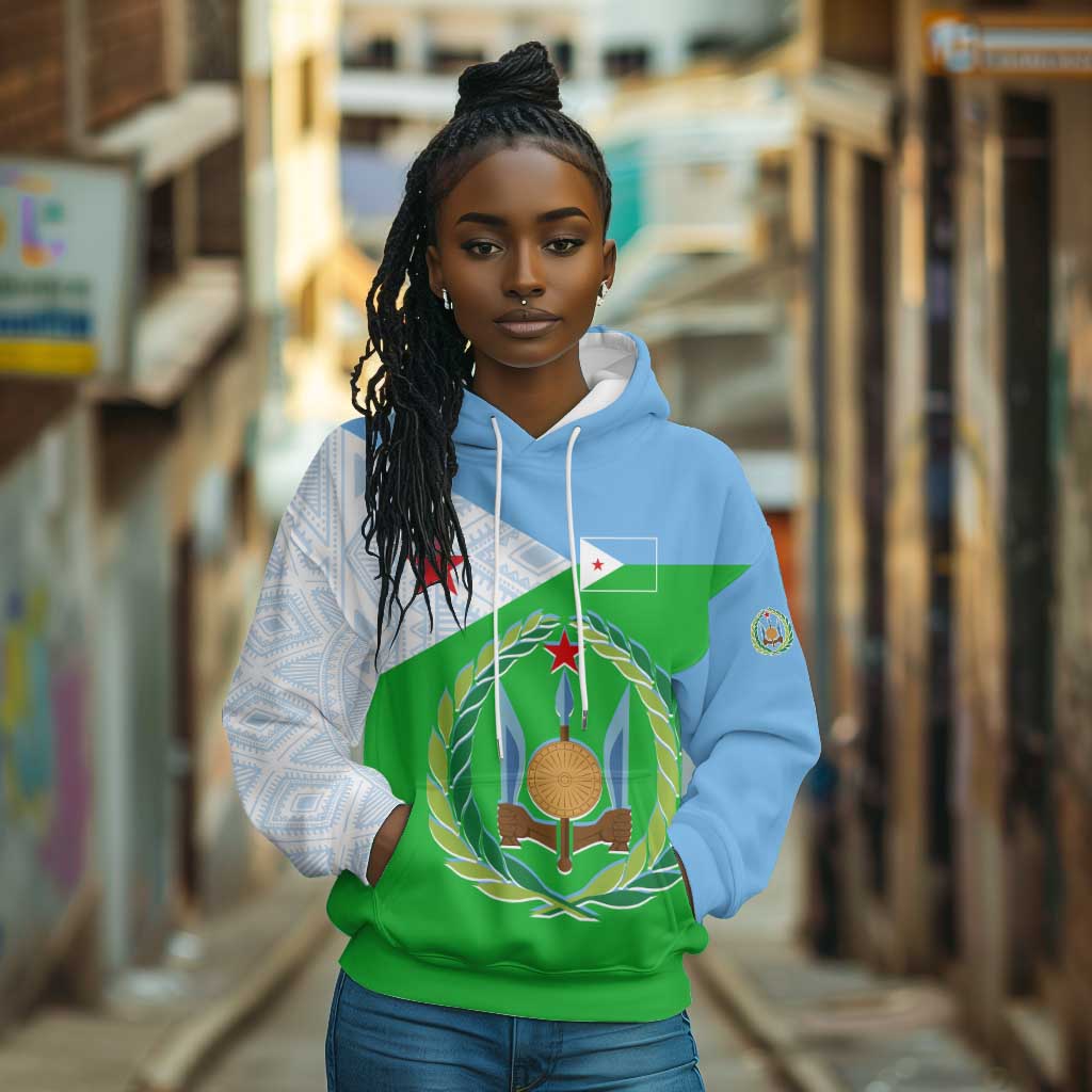 Djibouti Hoodie Flag Tribal Motifs and Red Star Symbol of Unity
