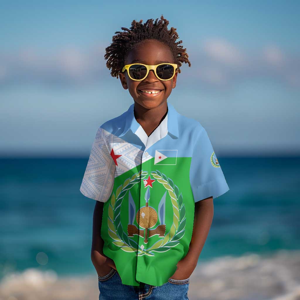 Djibouti Kid Hawaiian Shirt Flag Tribal Motifs and Red Star Symbol of Unity