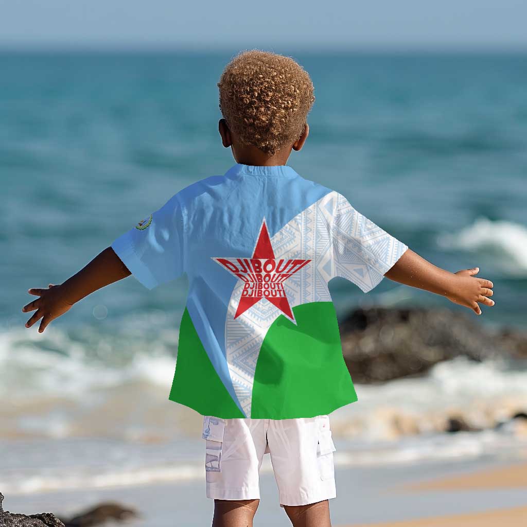 Djibouti Kid Hawaiian Shirt Flag Tribal Motifs and Red Star Symbol of Unity