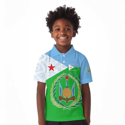 Djibouti Kid Polo Shirt Flag Tribal Motifs and Red Star Symbol of Unity