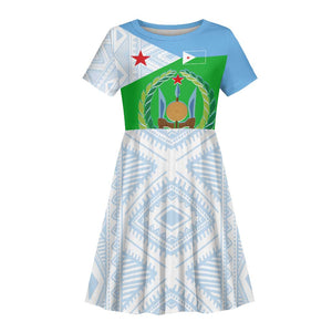 Djibouti Kid Short Sleeve Dress Flag Tribal Motifs and Red Star Symbol of Unity