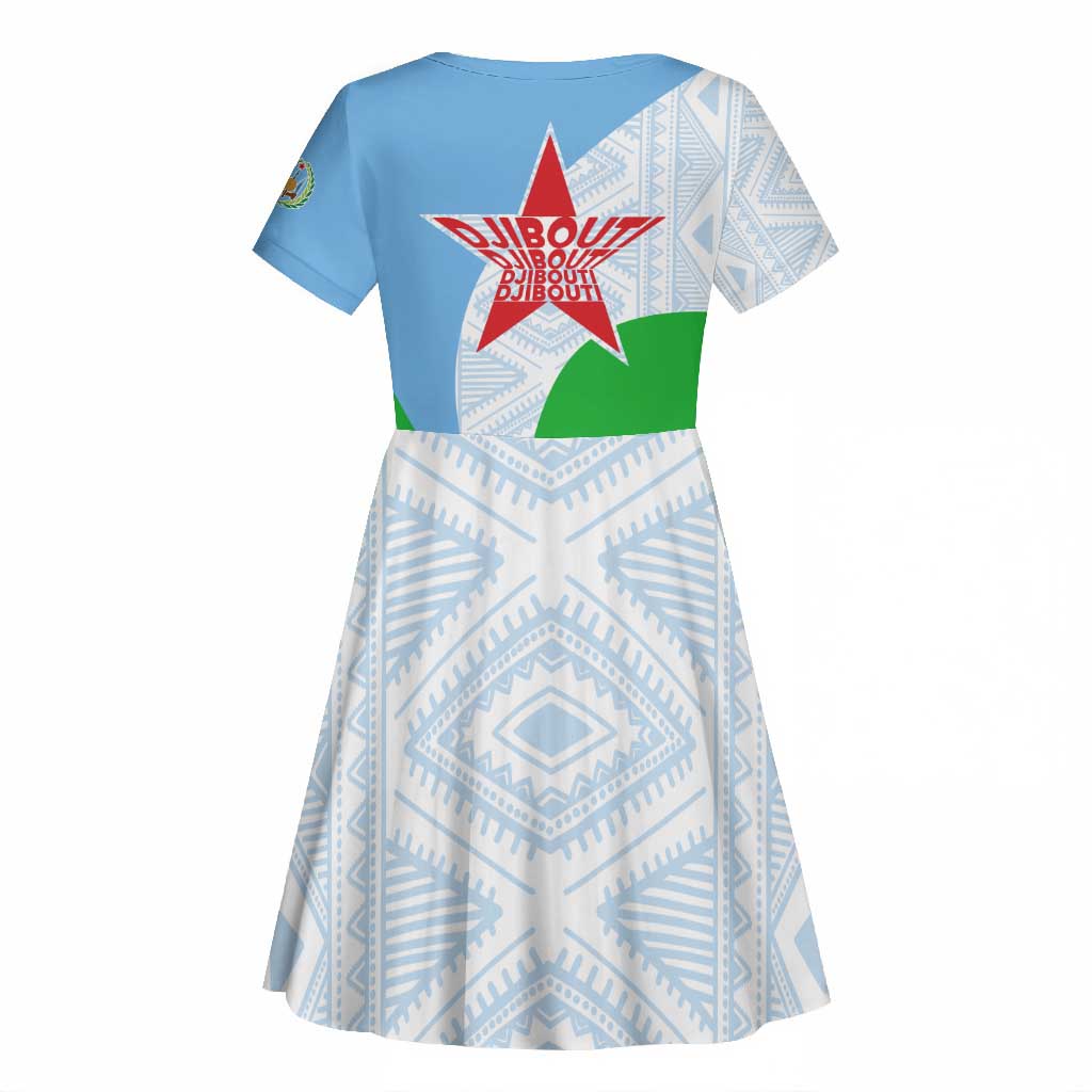 Djibouti Kid Short Sleeve Dress Flag Tribal Motifs and Red Star Symbol of Unity