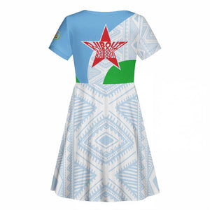 Djibouti Kid Short Sleeve Dress Flag Tribal Motifs and Red Star Symbol of Unity