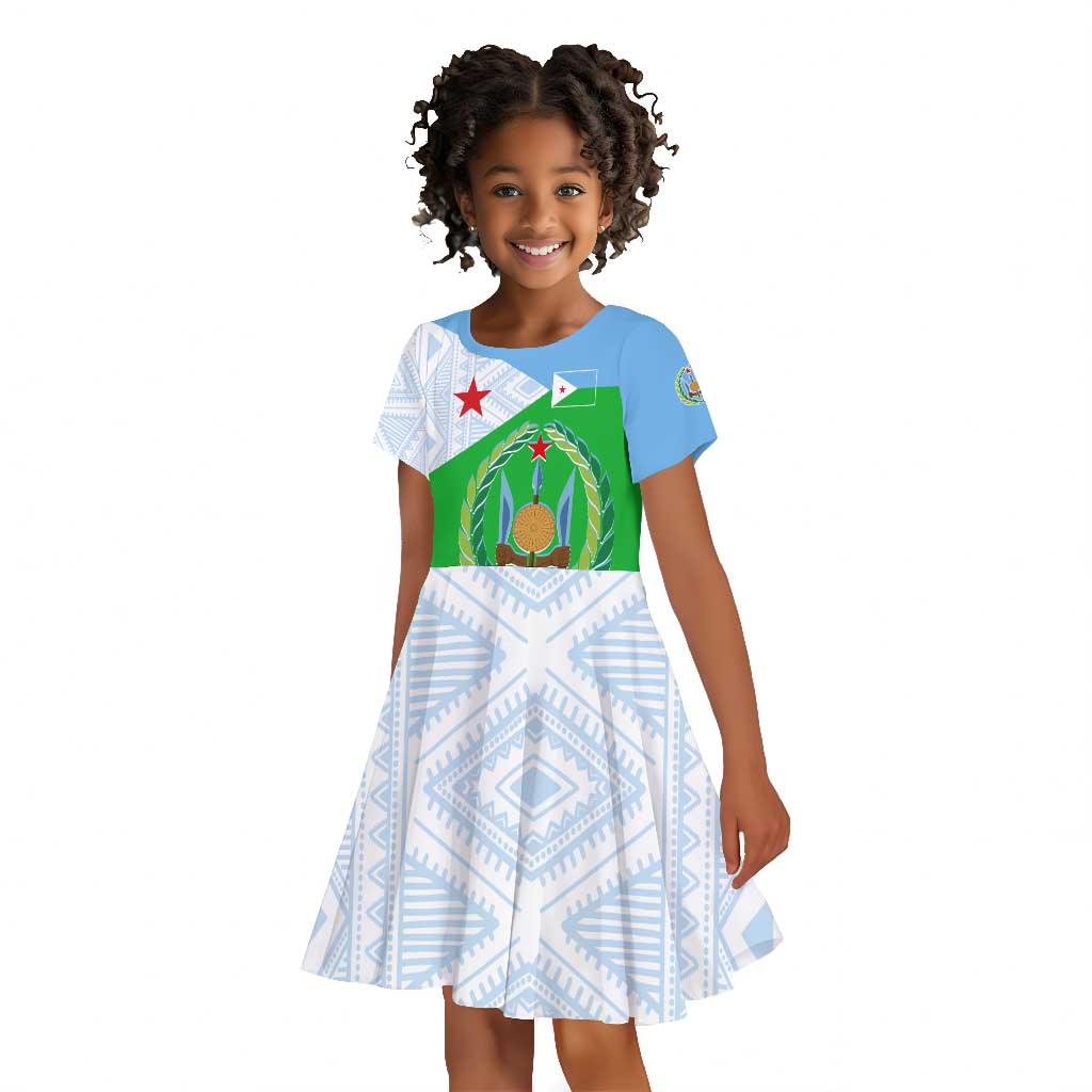 Djibouti Kid Short Sleeve Dress Flag Tribal Motifs and Red Star Symbol of Unity