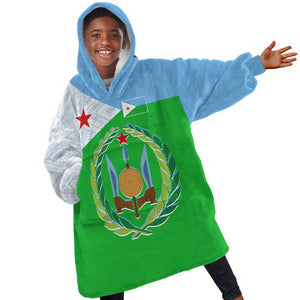 Djibouti Kid Wearable Blanket Hoodie Flag Tribal Motifs and Red Star Symbol of Unity