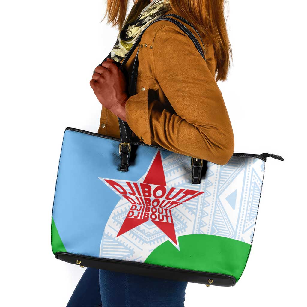 Djibouti Leather Tote Bag Flag Tribal Motifs and Red Star Symbol of Unity