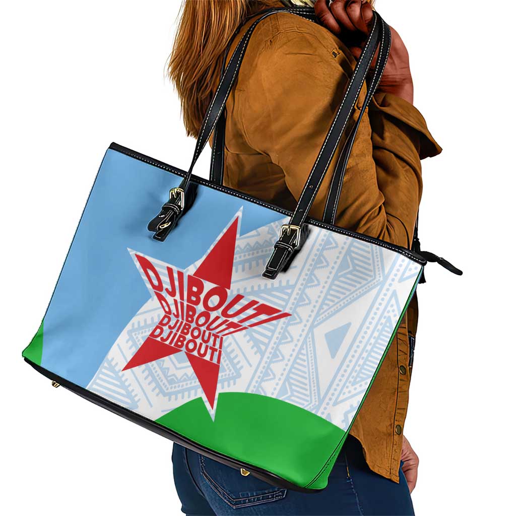 Djibouti Leather Tote Bag Flag Tribal Motifs and Red Star Symbol of Unity