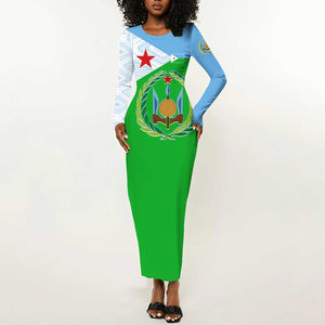 Djibouti Long Sleeve Bodycon Dress Flag Tribal Motifs and Red Star Symbol of Unity TS04