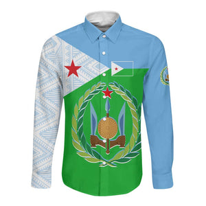 Djibouti Long Sleeve Button Shirt Flag Tribal Motifs and Red Star Symbol of Unity