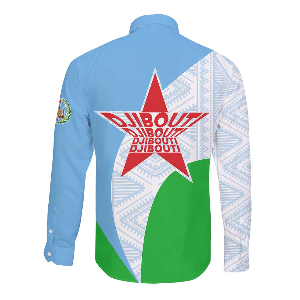 Djibouti Long Sleeve Button Shirt Flag Tribal Motifs and Red Star Symbol of Unity