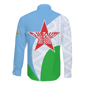 Djibouti Long Sleeve Button Shirt Flag Tribal Motifs and Red Star Symbol of Unity