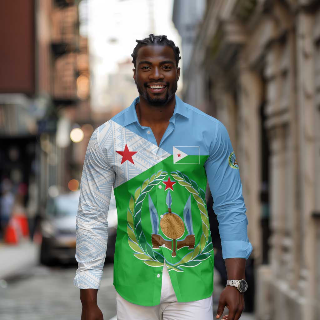 Djibouti Long Sleeve Button Shirt Flag Tribal Motifs and Red Star Symbol of Unity