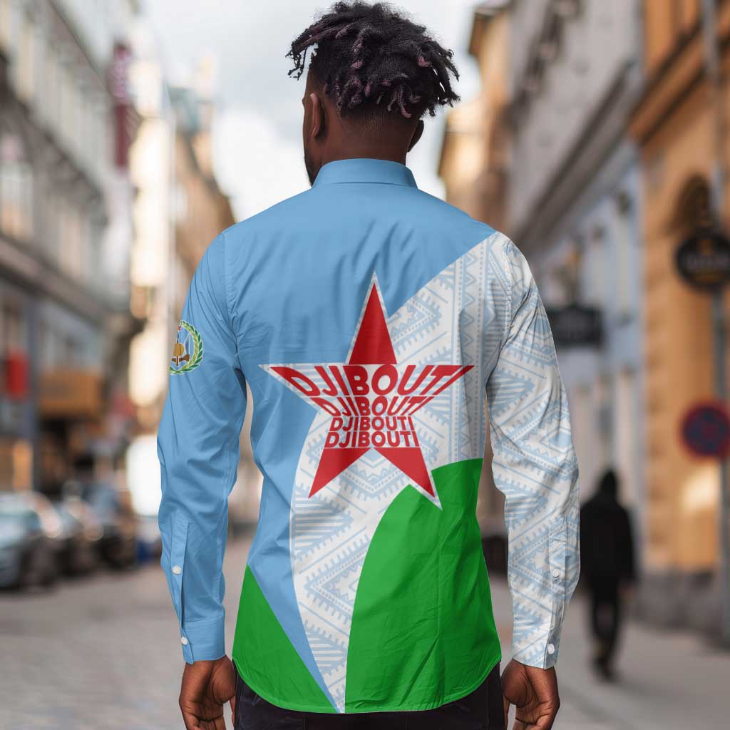 Djibouti Long Sleeve Button Shirt Flag Tribal Motifs and Red Star Symbol of Unity