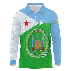 Djibouti Long Sleeve Polo Shirt Flag Tribal Motifs and Red Star Symbol of Unity