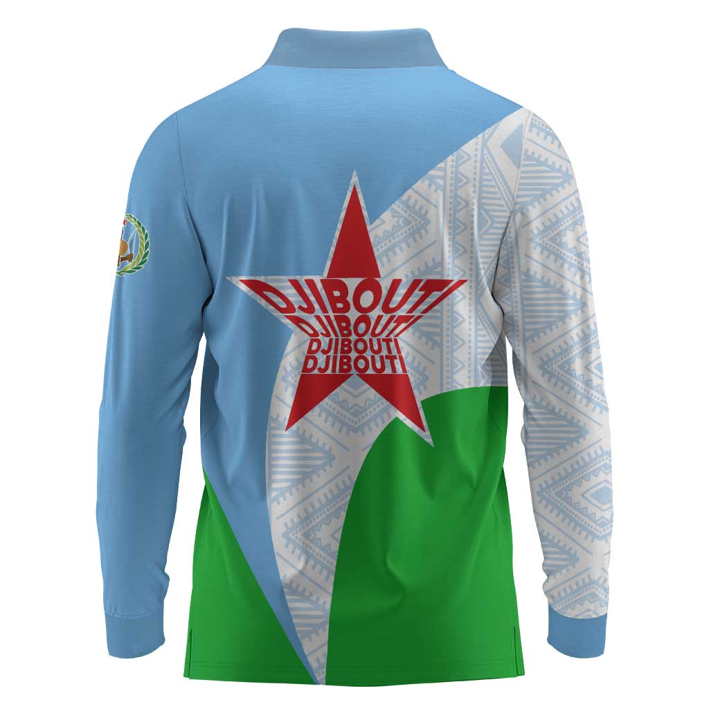 Djibouti Long Sleeve Polo Shirt Flag Tribal Motifs and Red Star Symbol of Unity