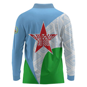 Djibouti Long Sleeve Polo Shirt Flag Tribal Motifs and Red Star Symbol of Unity