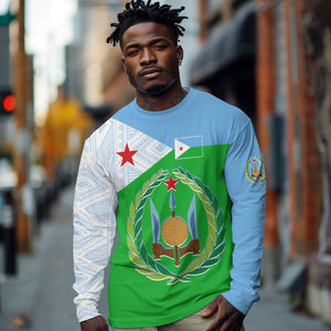 Djibouti Long Sleeve Shirt Flag Tribal Motifs and Red Star Symbol of Unity