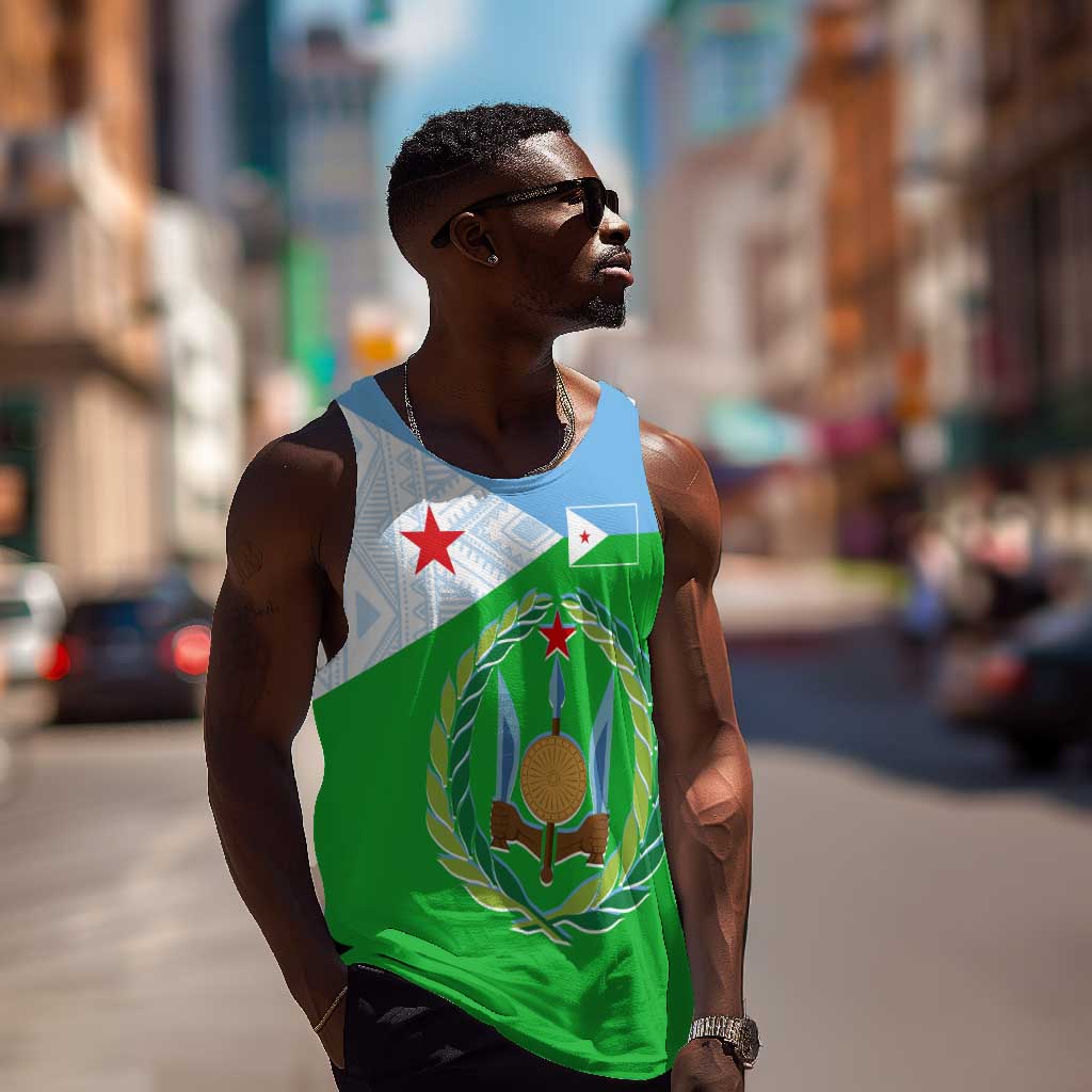 Djibouti Men Tank Top Flag Tribal Motifs and Red Star Symbol of Unity
