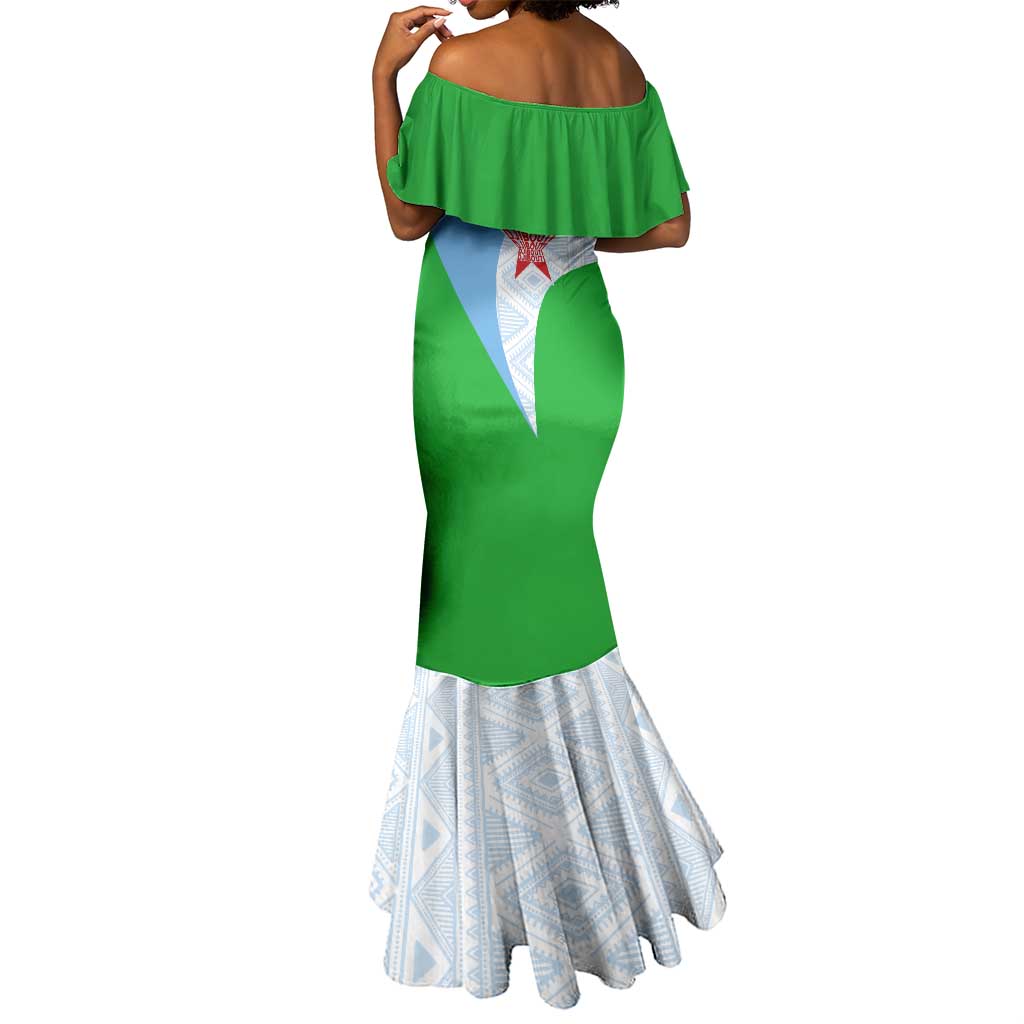 Djibouti Mermaid Dress Flag Tribal Motifs and Red Star Symbol of Unity