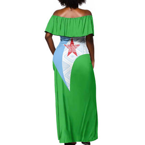Djibouti Off Shoulder Maxi Dress Flag Tribal Motifs and Red Star Symbol of Unity